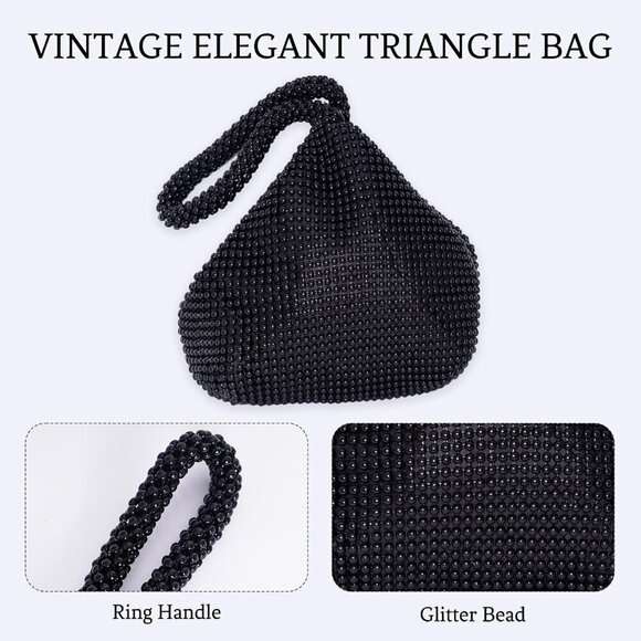 🆕Women Black Polyester Beaded Clutch Purse Vintage Triangle Bag  Prom Wedding - Picture 4 of 7
